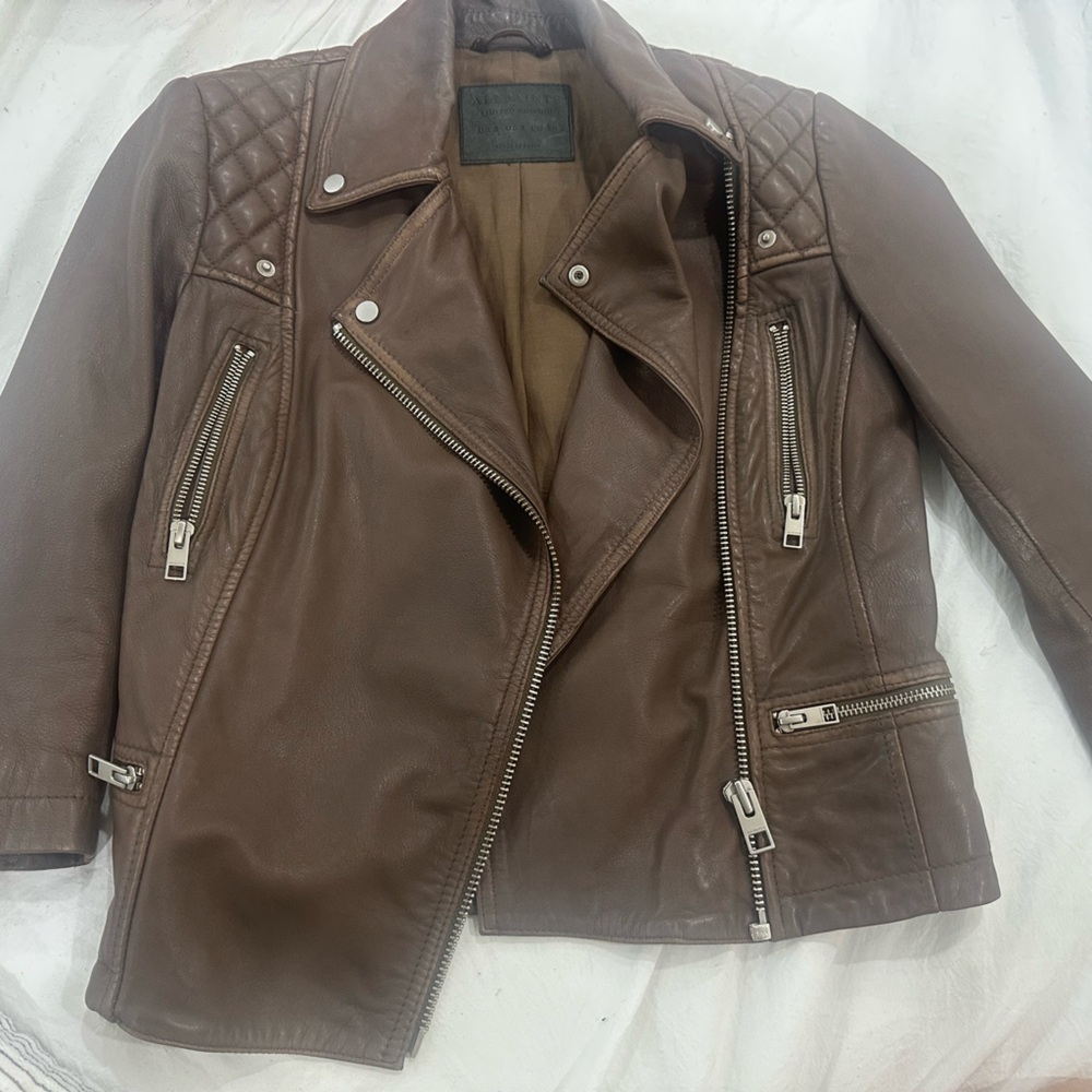 All Saints Brown Leather 3/4 Sleeve jacket US4